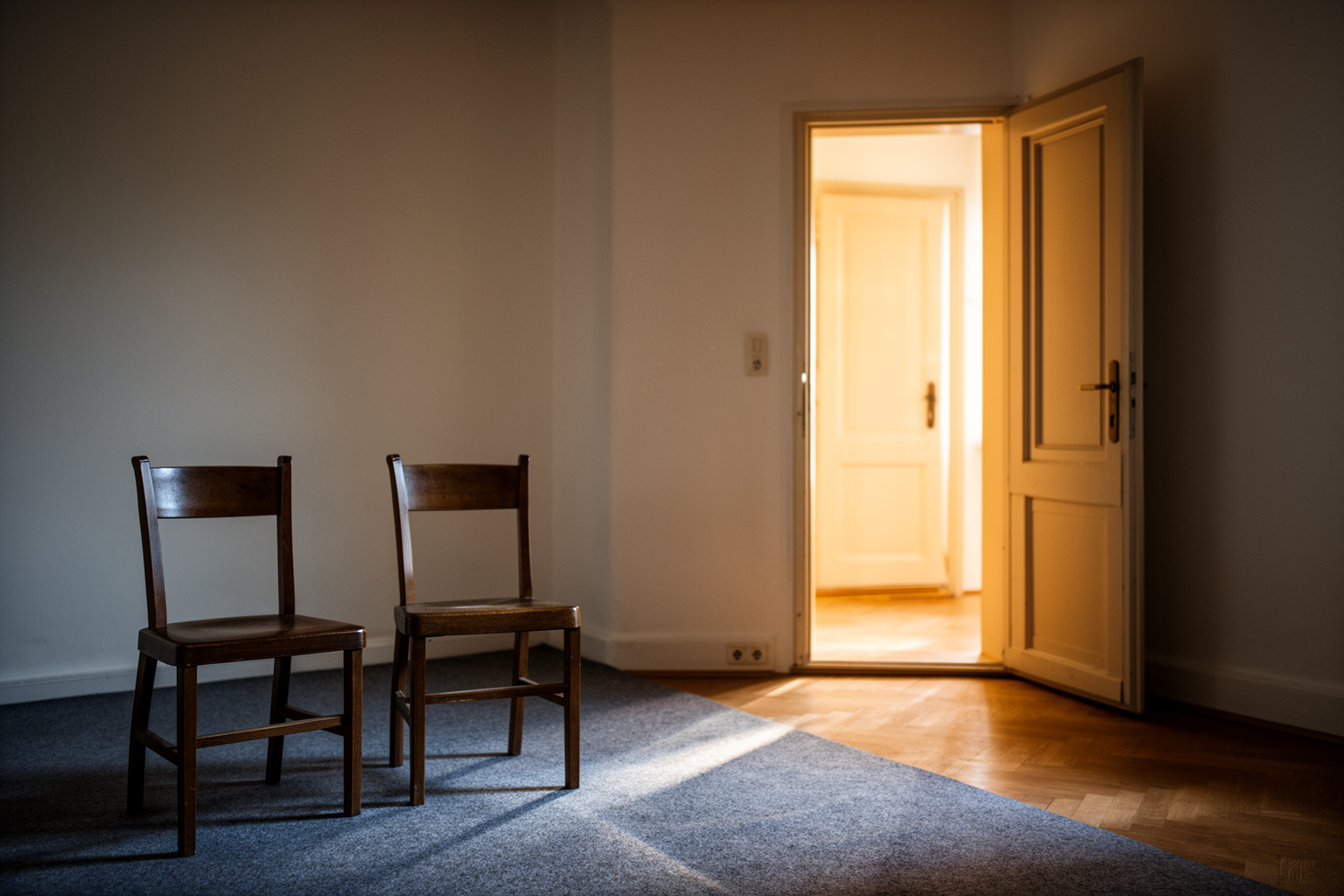 Zwei ruhige Wege führen von einem blanke Filzfläche zu einer geöffneten Tür; warmes Tageslicht, keine Menschen und keine Beschriftung