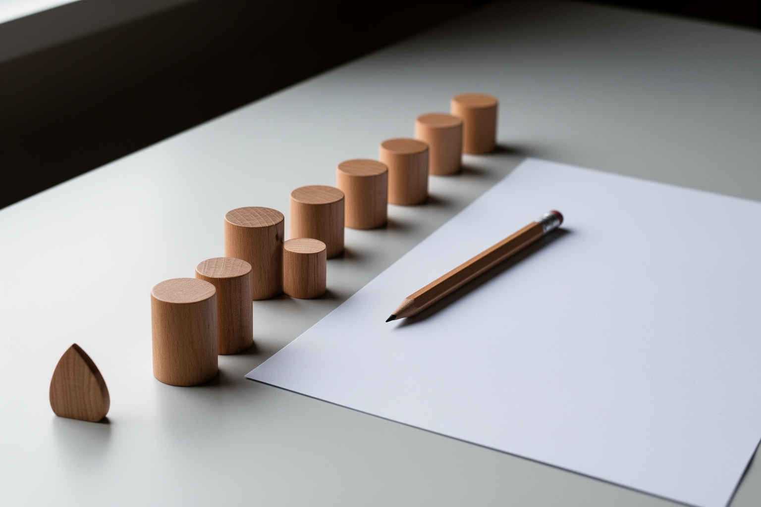 Sachliches Stillleben aus dem Bereich Kritik & Geschichte: runde Holzmarker, Stift und ein ruhiger Arbeitsgegenstand auf einem hellen Prüftisch; ohne lesbare Schrift