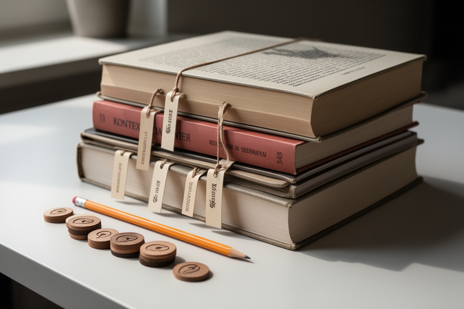 Sachliches Stillleben aus dem Bereich Kritik & Geschichte: runde Holzmarker, Stift und ein ruhiger Arbeitsgegenstand auf einem hellen Prüftisch; ohne lesbare Schrift