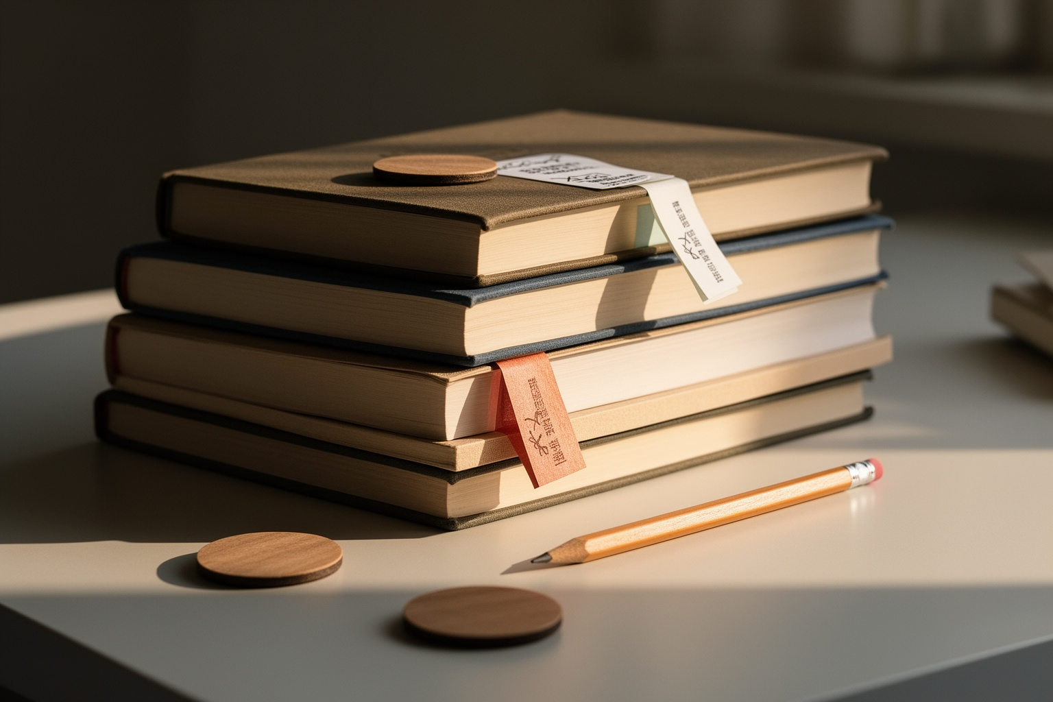 Sachliches Stillleben aus dem Bereich Evidenz: runde Holzmarker, Stift und ein ruhiger Arbeitsgegenstand auf einem hellen Prüftisch; ohne lesbare Schrift