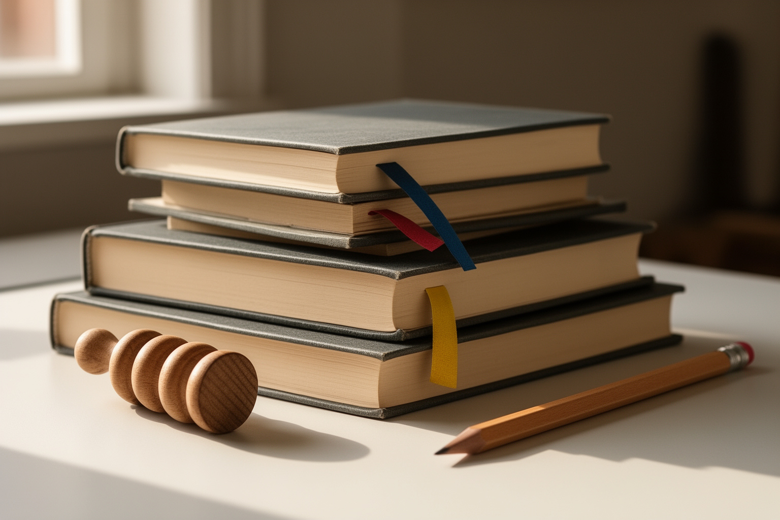 Sachliches Stillleben aus dem Bereich Evidenz: runde Holzmarker, Stift und ein ruhiger Arbeitsgegenstand auf einem hellen Prüftisch; ohne lesbare Schrift