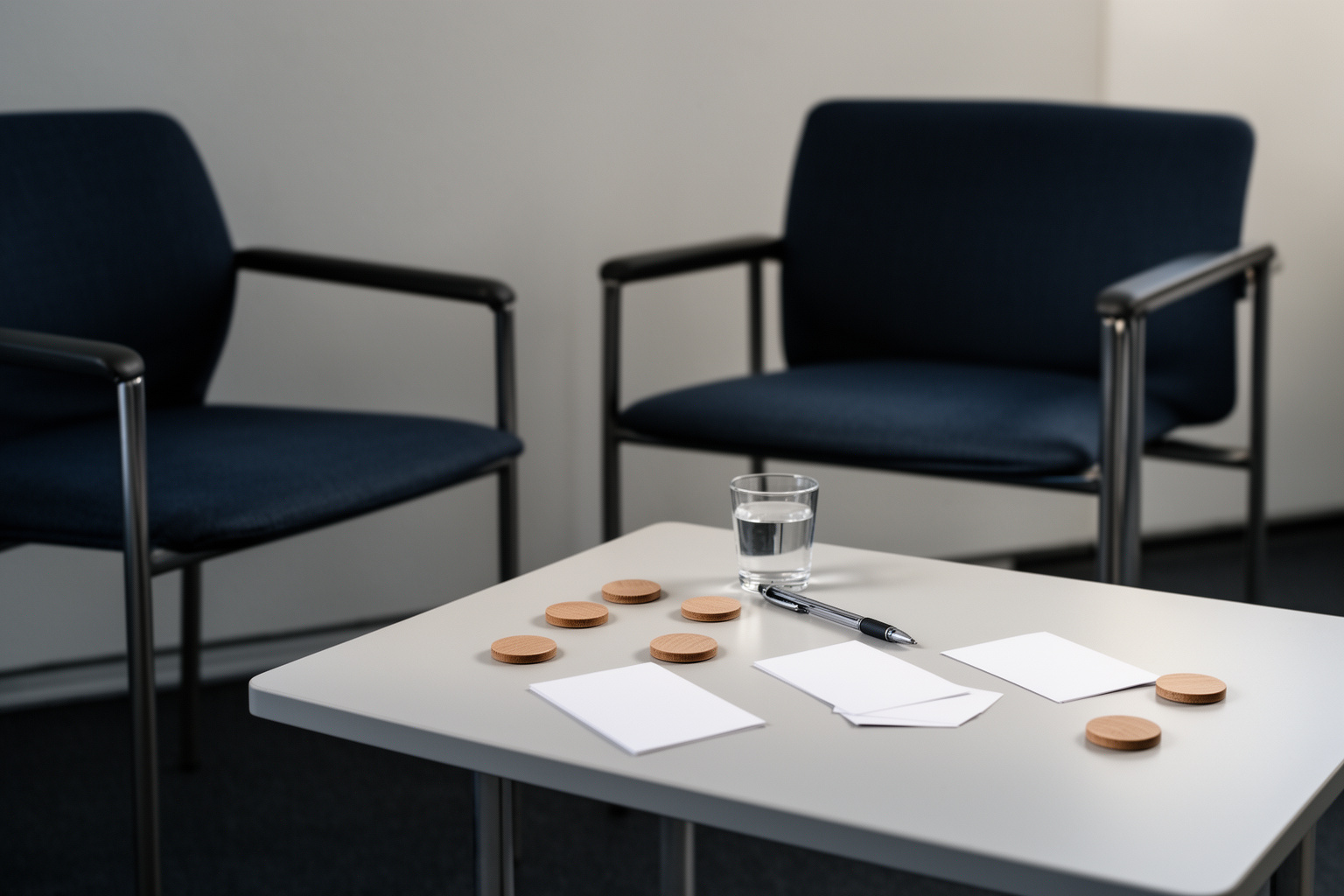 Sachliches Stillleben aus dem Bereich Sicherheit: runde Holzmarker, Stift und ein ruhiger Arbeitsgegenstand auf einem hellen Prüftisch; ohne lesbare Schrift
