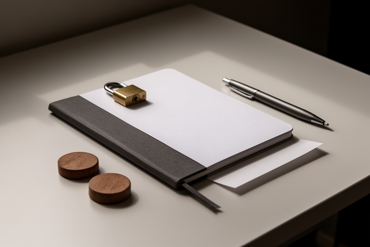 Sachliches Stillleben aus dem Bereich Service: runde Holzmarker, Stift und ein ruhiger Arbeitsgegenstand auf einem hellen Prüftisch; ohne lesbare Schrift