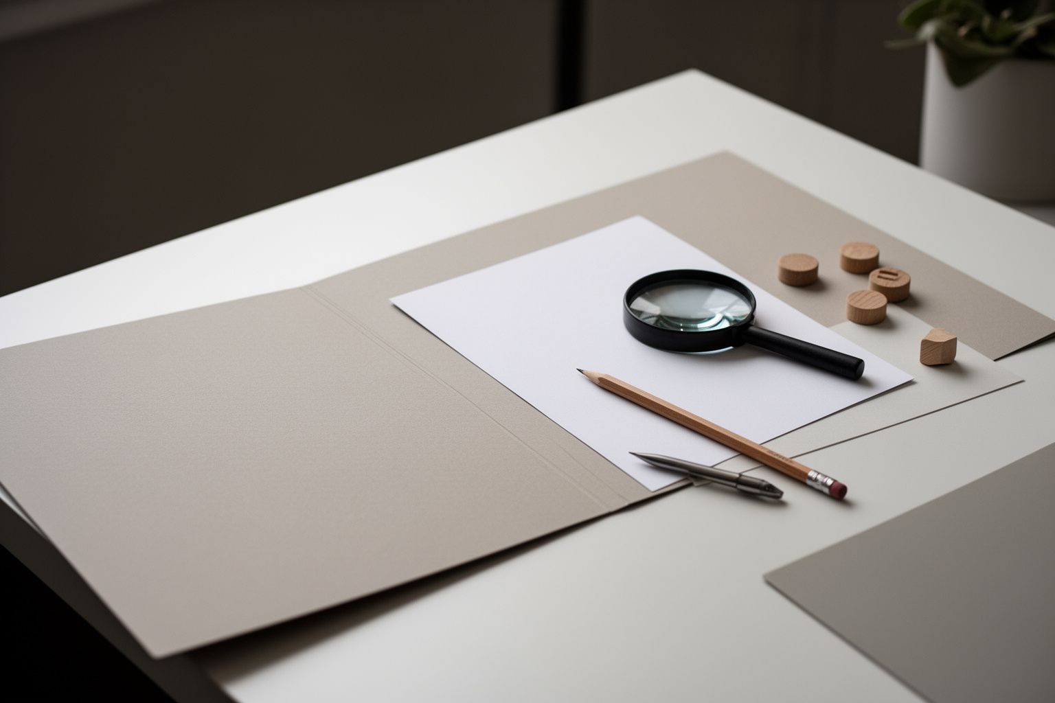 Sachliches Stillleben aus dem Bereich Hilfe & Alternativen: runde Holzmarker, Stift und ein ruhiger Arbeitsgegenstand auf einem hellen Prüftisch; ohne lesbare Schrift