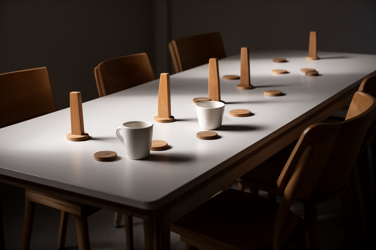 Leere Stühle stehen mit Abstand um einen schlichten Tisch; darauf liegen runde Holzmarker und ein leerer Keramikbecher