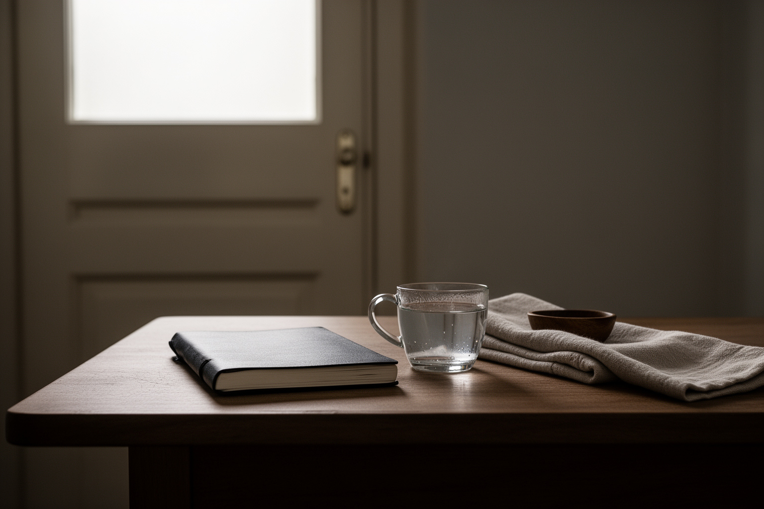Eine Tasse Wasser, ein zusammengelegtes Tuch und ein Holzschale liegen auf einem ruhigen Tisch neben einer geschlossenen Tür; keine lesbare Schrift