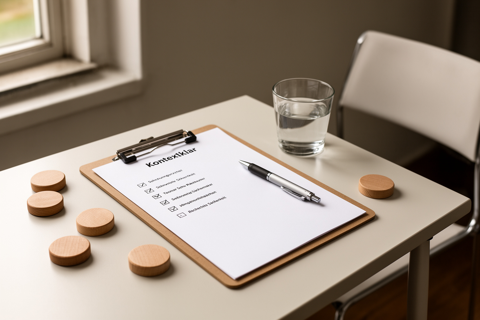 Sachliches Stillleben aus dem Bereich Sicherheit: runde Holzmarker, Stift und ein ruhiger Arbeitsgegenstand auf einem hellen Prüftisch; ohne lesbare Schrift