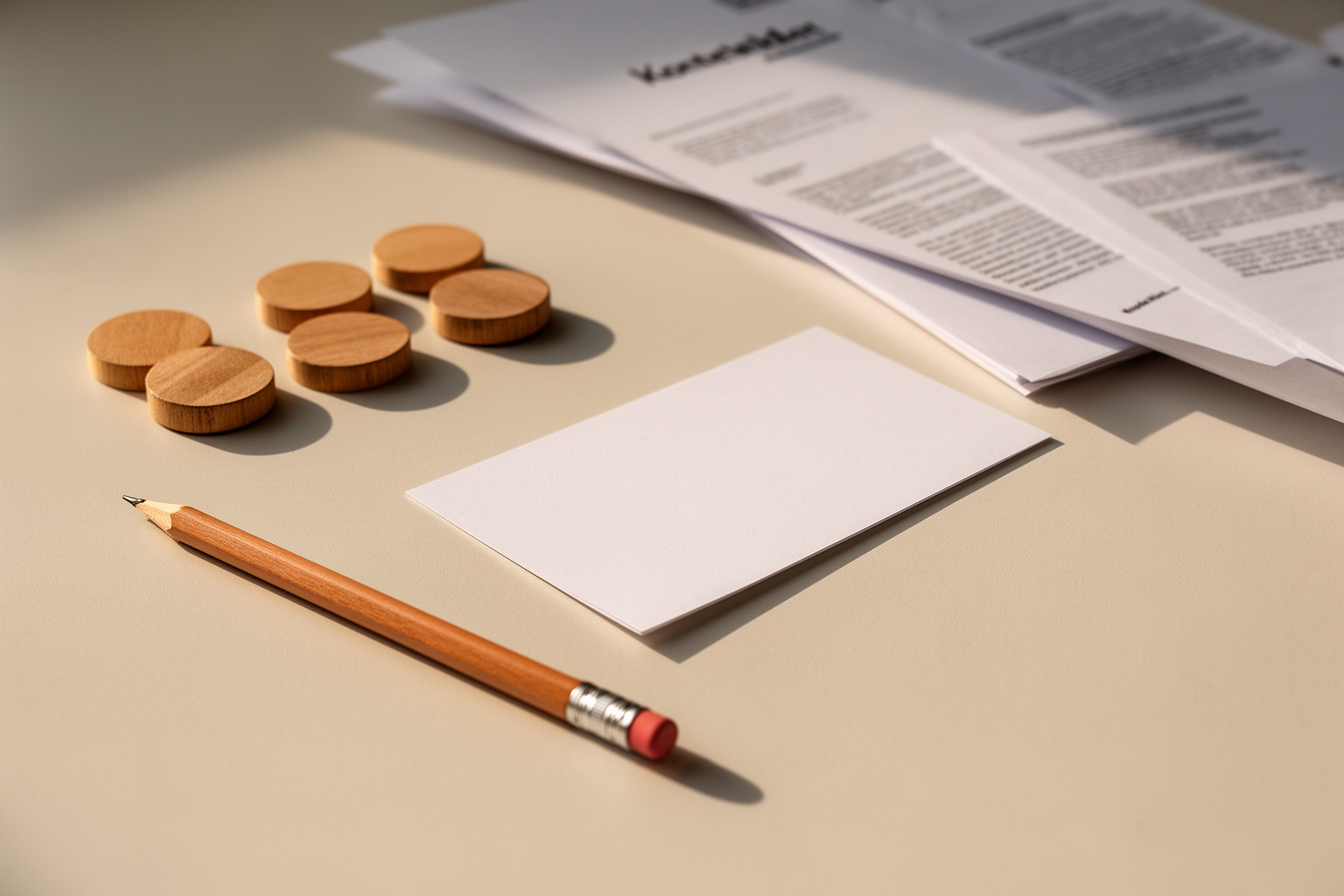 Sachliches Stillleben aus dem Bereich Service: runde Holzmarker, Stift und ein ruhiger Arbeitsgegenstand auf einem hellen Prüftisch; ohne lesbare Schrift