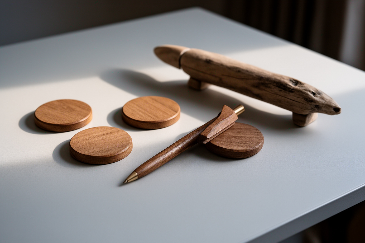 Sachliches Stillleben aus dem Bereich Service: runde Holzmarker, Stift und ein ruhiger Arbeitsgegenstand auf einem hellen Prüftisch; ohne lesbare Schrift